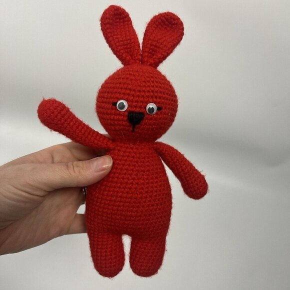 Handmade Crochet Red Bunny Rabbit Plush Toy Soft Knitted Babies Toddlers Kids - Picture 3 of 6